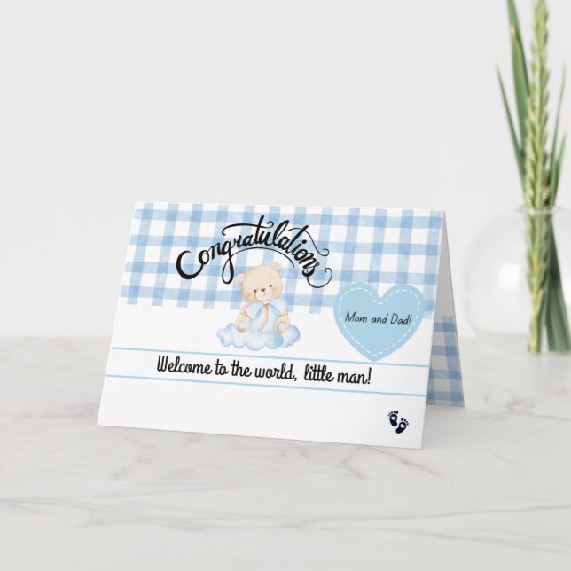 New Baby Boy Congratulations Card, Cute Blue Bear Card (Front)