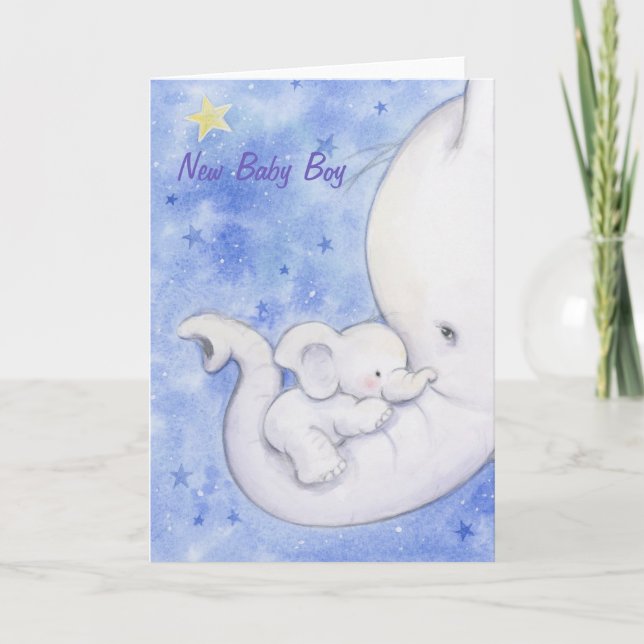 New Baby Boy, Cute Elephant Mother holding a Baby. Card (Front)