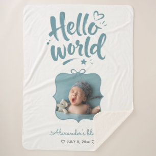 New Baby Boy Cute Photo Birth Hand Drawn Blue Bow Sherpa Blanket
