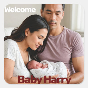 new baby boy girl birth announcement photo modern square sticker