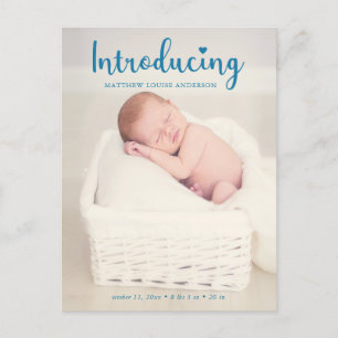 New Baby Boy Introducing Blue Elegant Modern Photo Announcement Postcard