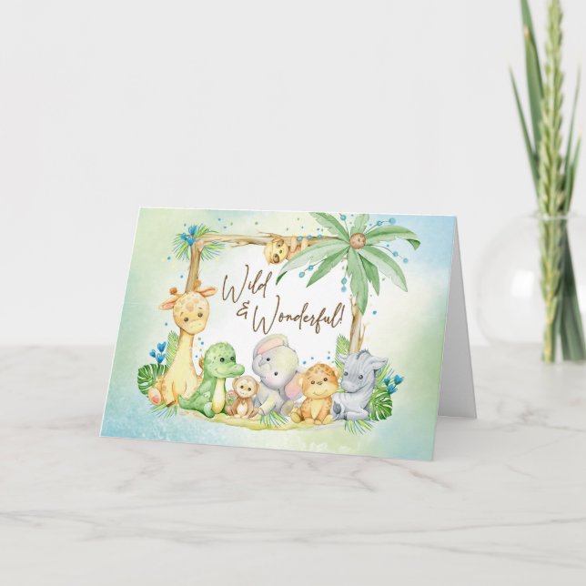 New Baby Boy Safari Animals Wild and Wonderful Card (Front)