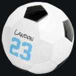 New Baby Boy Soccer Player NAME Birth Year Blue Soccer Ball<br><div class="desc">Baby Boy custom NAME in black, custom BIRTH YEAR in baby blue on light grey sports net background. Classic soccer ball. Easy to personalise text, text colours. Fun gift for new baby, baby shower, new parents, soccer lovers. Mix and match entire Soccer / Sports / Team Spirit / Little League...</div>