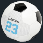New Baby Boy Soccer Player NAME Birth Year Blue Soccer Ball<br><div class="desc">Baby Boy custom NAME in black, custom BIRTH YEAR in baby blue on light grey sports net background. Classic soccer ball. Easy to personalise text, text colours. Fun gift for new baby, baby shower, new parents, soccer lovers. Mix and match entire Soccer / Sports / Team Spirit / Little League...</div>