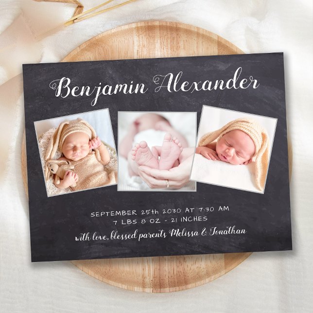 New Baby Chalkboard 3 Photo Birth Announcement Postcard (Creator Uploaded)