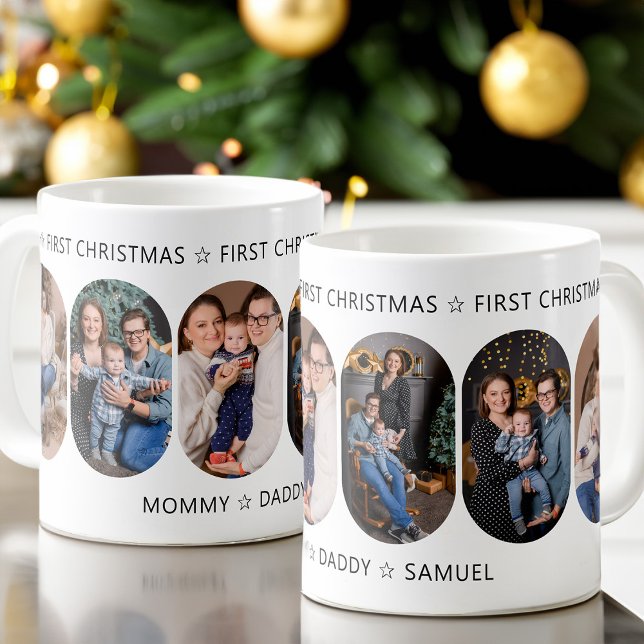 New Baby First Christmas 6 Rounded Lozenge Photo Coffee Mug (First Christmas with new baby, 6 photo mug, from my Rounded Lozenge Photo Collage collection)