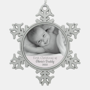 New Baby First Christmas as Daddy Photo Customised Snowflake Pewter Christmas Ornament