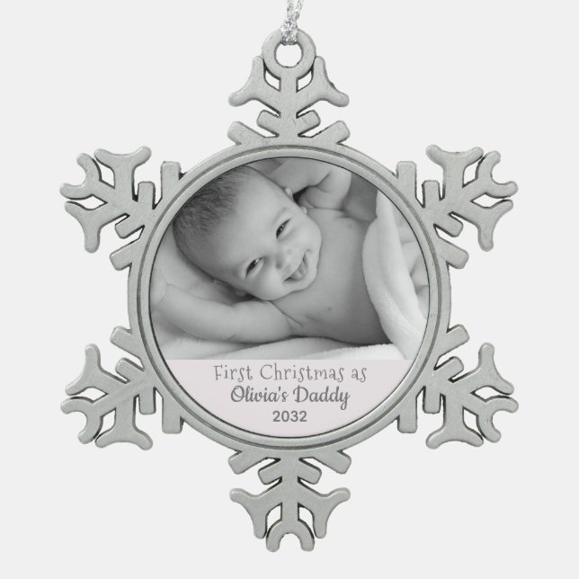 New Baby First Christmas as Daddy Photo Customised Snowflake Pewter Christmas Ornament (Front)
