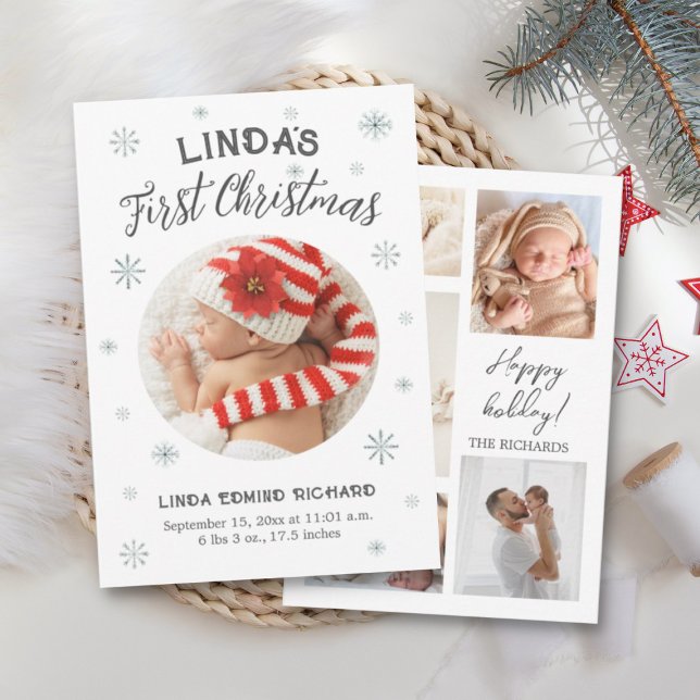 New Baby First Christmas Birth Stats Happy Holiday Thank You Card (baby first christmas photo card)