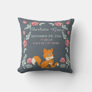 New Baby Fox And Roses Personalised Birth Cushion