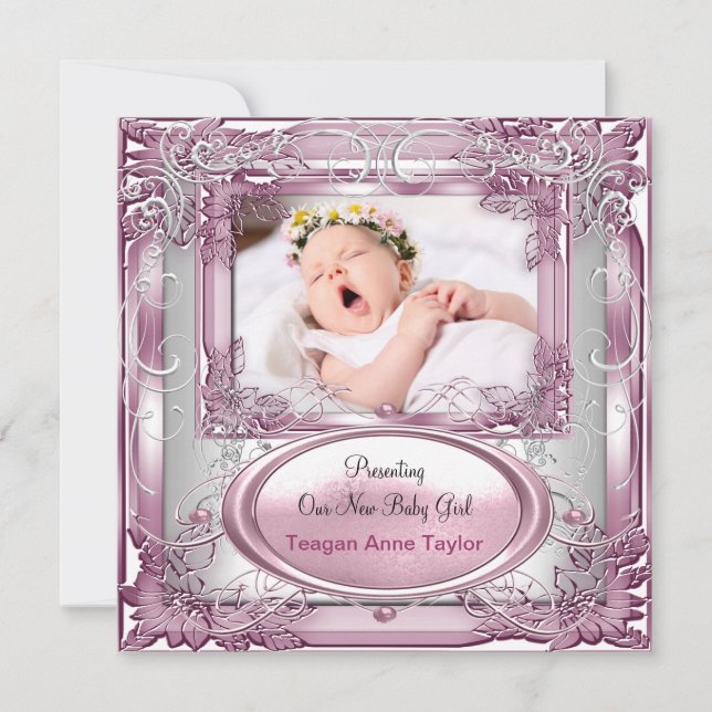 New Baby Girl Announcement Pink Silver (Front)