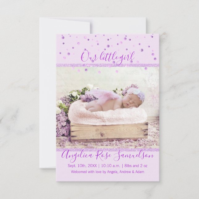 New Baby Girl Birth Stats Lavender Lilac | PHOTO Announcement (Front)