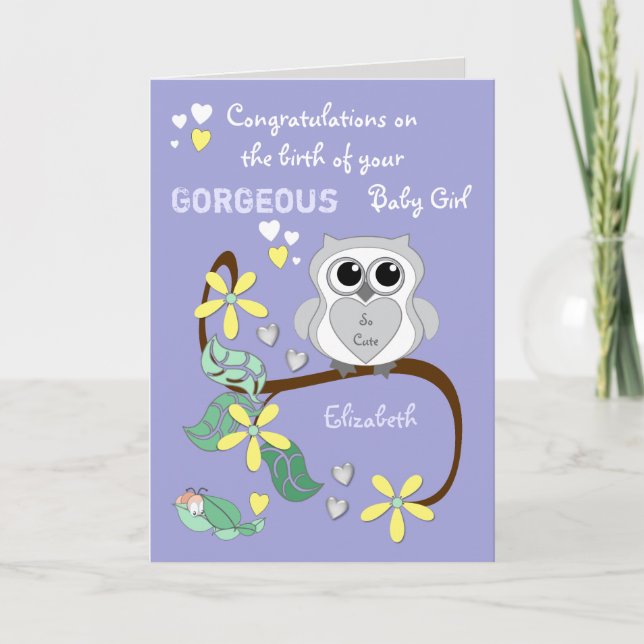 New baby girl congrats purple with a cute owl card (Front)