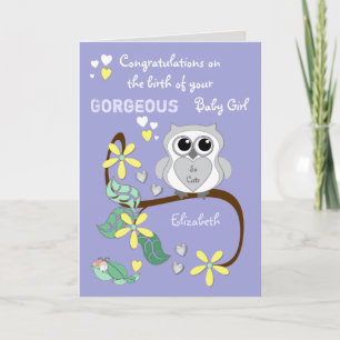 New baby girl congrats purple with a cute owl card