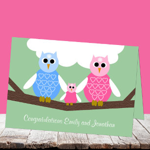 New Baby Girl Congratulations Card with Owl Family