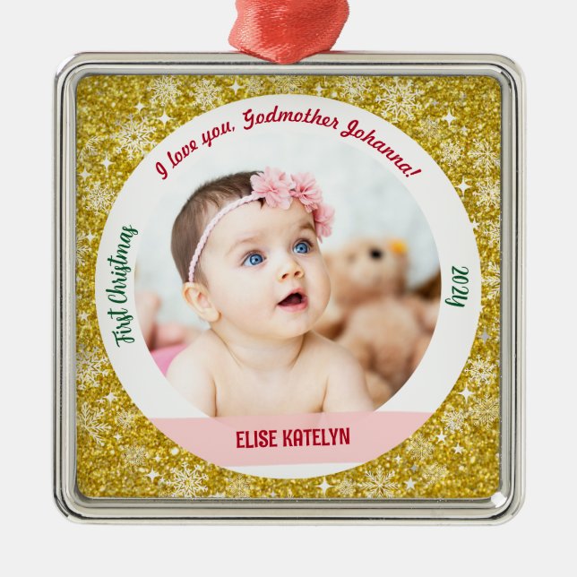 New Baby Girl Photo 1st Christmas Godmother Golden Metal Tree Decoration (Front)