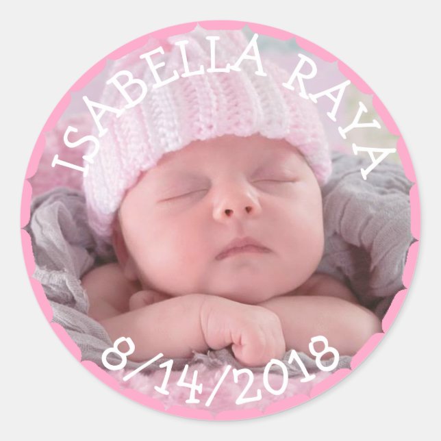 New Baby Girl Photo Announcement Classic Round Sticker (Front)