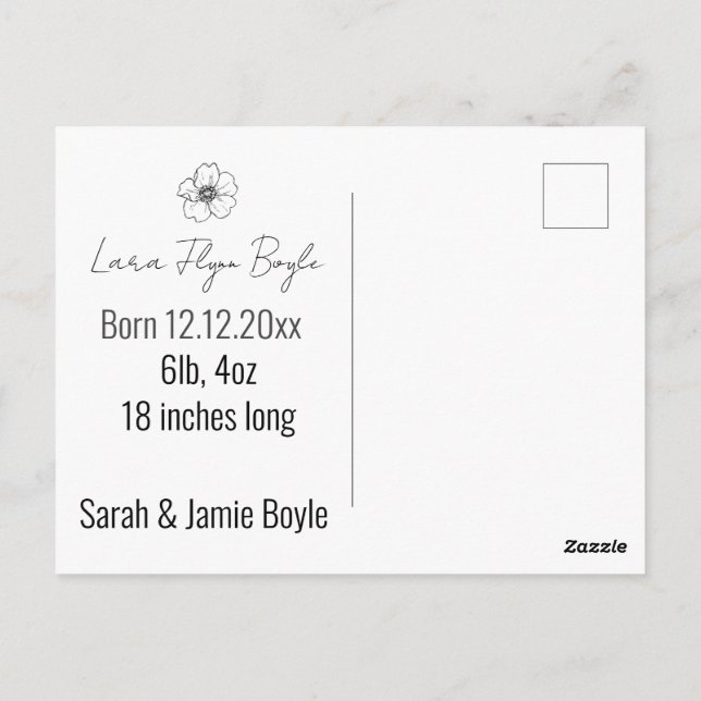 new baby girl pink, custom birth announcement postcard (Back)