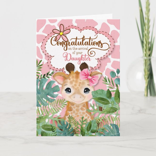 New Baby Girl Pink Giraffe Jungle Congtratulations Card (Front)