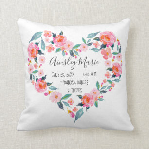 New Baby Girl Pink Rose Floral Heart Birth Stats Cushion