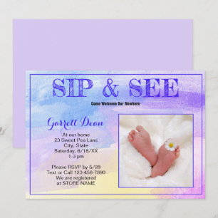 New Baby In Purple "Sip and See" Photo Party Invitation