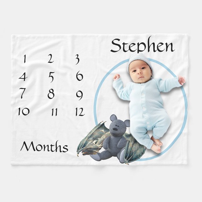 New Baby Infant Milestone Blue Dragon Teddy Bear Fleece Blanket (Creator Uploaded)