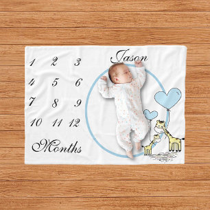 New Baby Infant Milestone Blue Giraffe  Photo Fleece Blanket