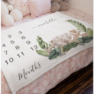 New Baby Infant Milestone Jungle Animal Keepsake  Fleece Blanket