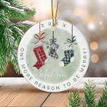 New Baby Keepsake Watercolor Family Stockings Ceramic Tree Decoration<br><div class="desc">Special keepsake ornament for the arrival of your new baby this Christmas season with our beautiful and festive Christmas pregnancy keepsake holiday ornament. Our design features our hand-painted watercolor plaid pattern hanging Christmas stockings in red, green, and black. Each of the Christmas stockings is customized with the parent's name. The...</div>