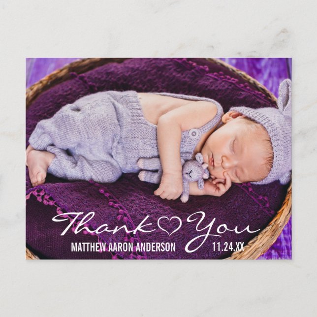 New Baby Modern Photo Thank You Heart Announcement Postcard (Front)
