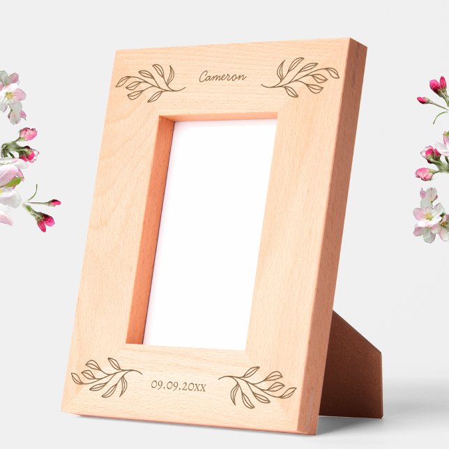 New Baby Personalised Name Date Botanical Leaves Etched Frames (New baby name date botanical leaf elegant etched wooden photo frame)