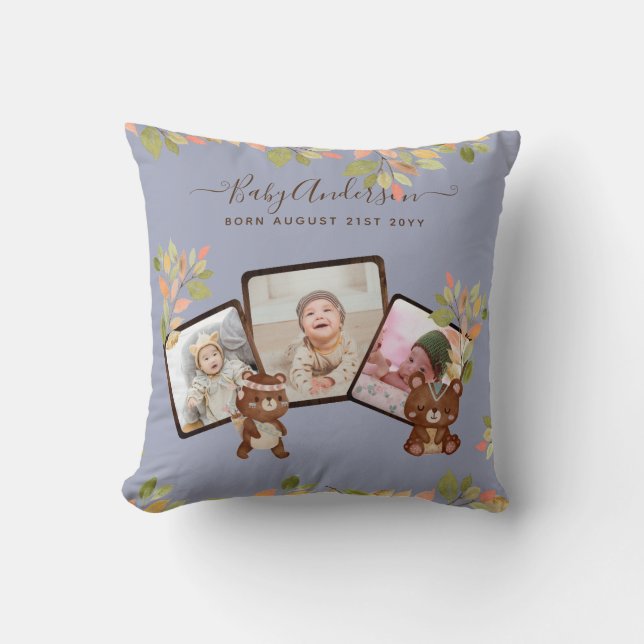 New Baby PHOTO Gift - Cute Woodland Animals Blue Cushion (Front)