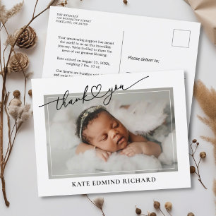 New Baby Photo Heart Script Birth Announcement  Postcard