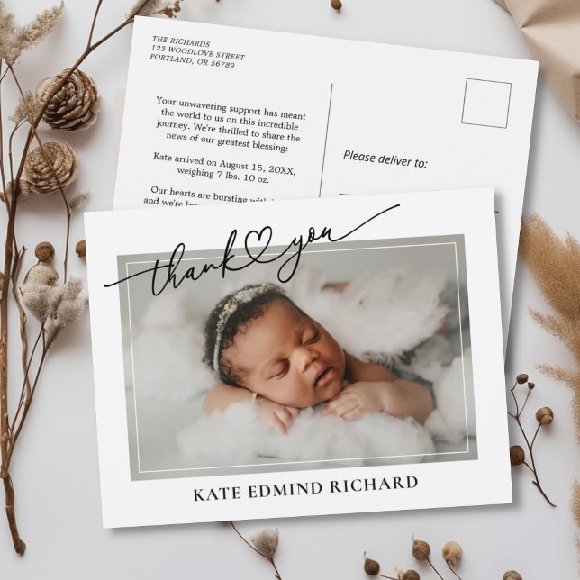 New Baby Photo Heart Script Birth Announcement  Postcard (Creator Uploaded)