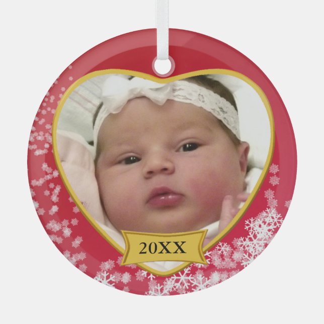 New Baby Photo Keepsake Snowy Red Glass Tree Decoration (Front)