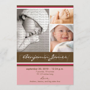 New Baby Photo Trio Birth Announcement (pink)