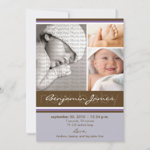 New Baby Photo Trio Birth Announcement (purple)
