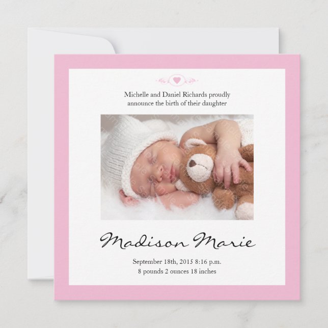 New Baby Poem Birth Announcement Pink (Front)