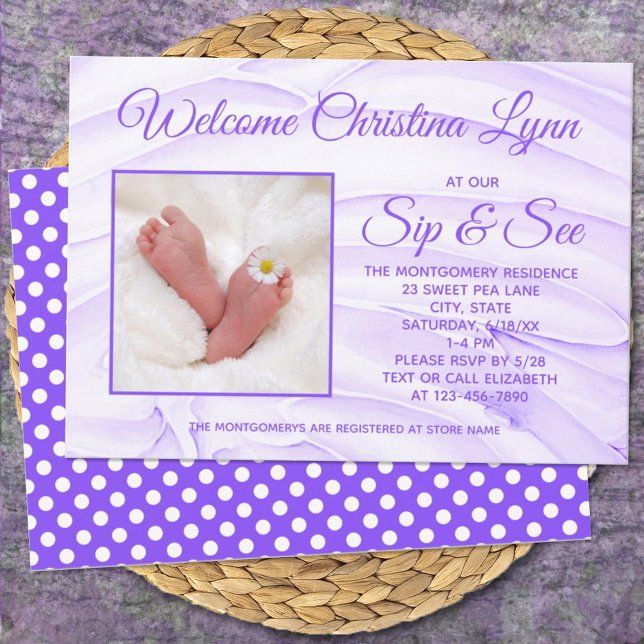 New Baby Purple "Sip and See" Party Invitation (Creator Uploaded)