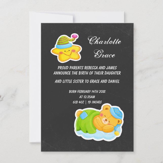New Baby Star And Sleeping Teddy Bear Announcement (Front)