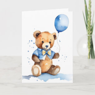 New Baby Teddy Bear With Blue Balloon Card