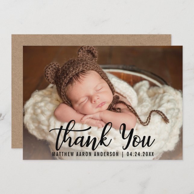 New Baby Thank You Blk Script Kraft Card (Front/Back)