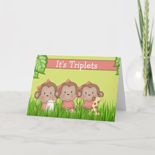 New Baby Triplet Girls Cute Monkey Card (Front)