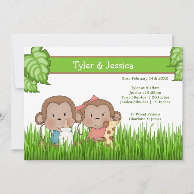 New Baby Twin Girl And Boy Cute Monkey Announcement (Front)