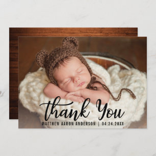 New Baby Wood Thank You Blk Script Card