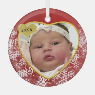 New Baby's Christmas Red Heart Photo Birth Year Glass Tree Decoration