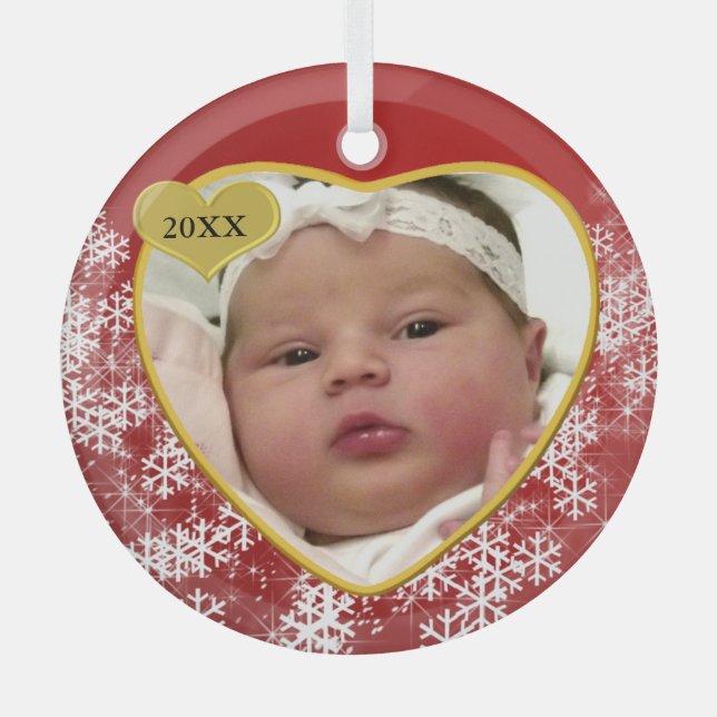 New Baby's Christmas Red Heart Photo Birth Year Glass Tree Decoration (Front)