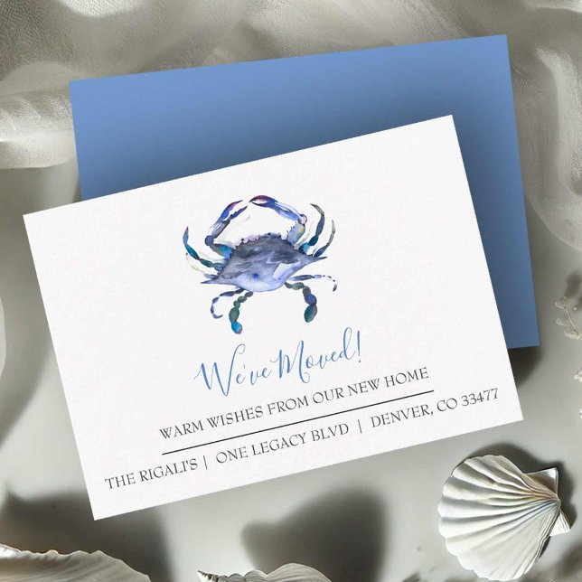 New Beach Home Moving Announcement Business Cards (Business moving announcement cards watercolor blue crab art by Victoria Grigaliunas Do Tell A Belle)