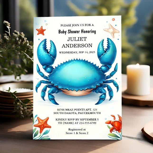 New Beach Ocean Catch Navy Blue Crab Baby Shower Invitation (Creator Uploaded)