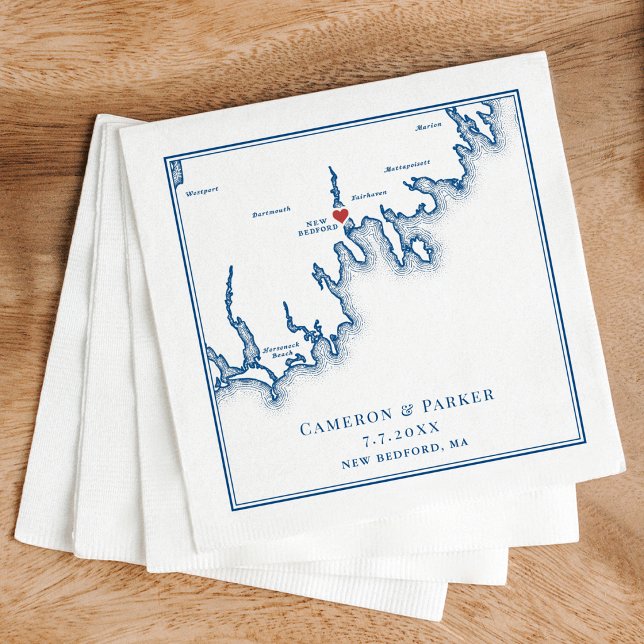 New Bedford MA Map Navy Blue Wedding Napkin (New Bedford Map Wedding Napkins New Bedford Whaling Museum Wedding Navy Blue Coastal Map Designs)